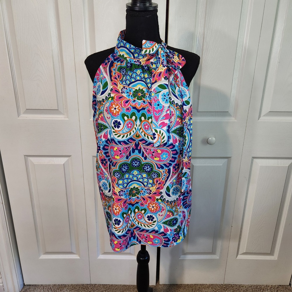 Buckhead Betties Womens Large Multicolor Paisley Halter Tie Neck Blouse Top